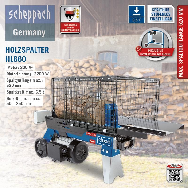 Scheppach Holzspalter HL660 6,5 t Lefeld mm bis Untergestell 520 liegend Werkzeug inkl