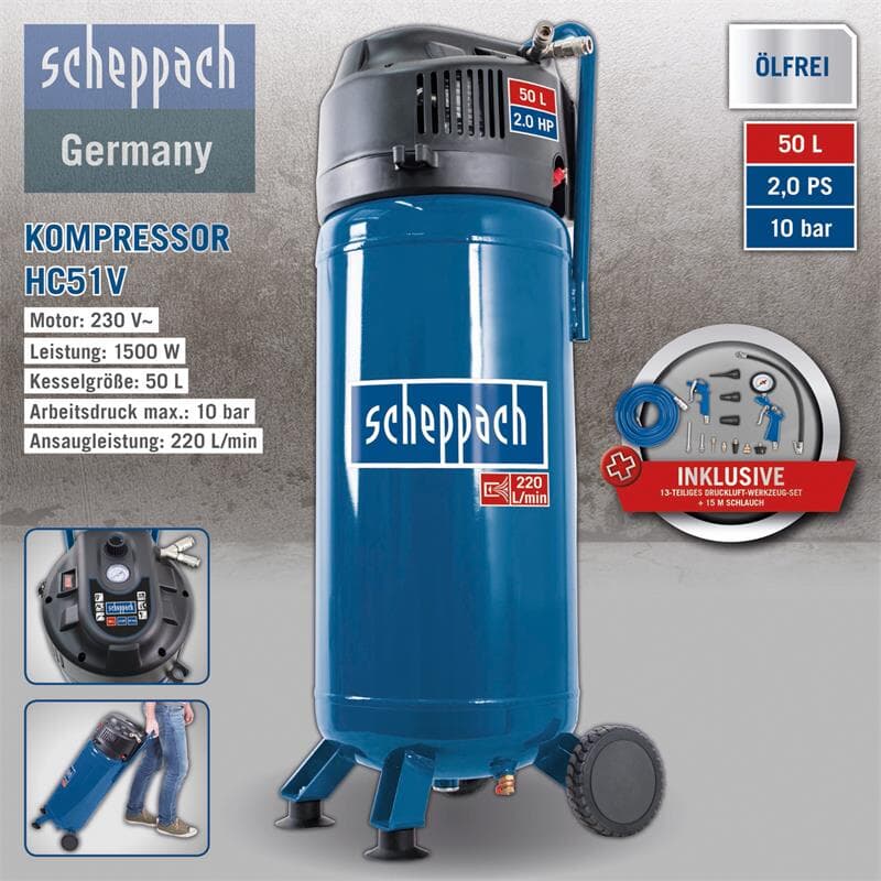 Scheppach Druckluft Kompressor 50L Luftkompressor 10bar 2PS +