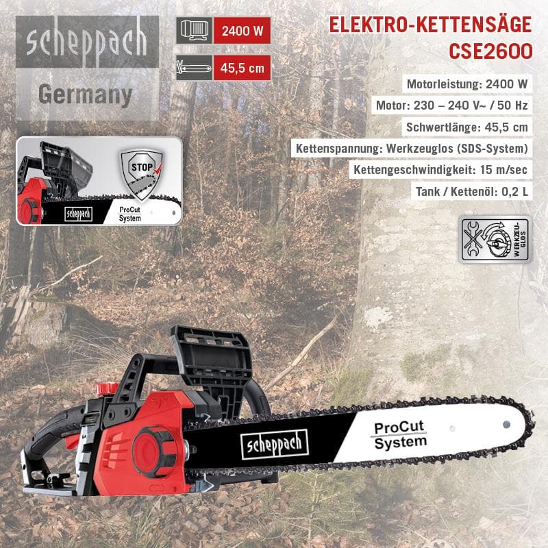 Scheppach Elektro-Kettensäge CSE2600 Schwertlänge 45,5 cm 18" Kette 2,4 kW