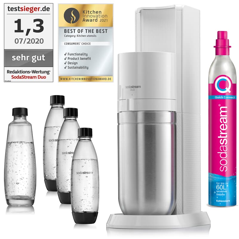 SodaStream DUO Weiß Wassersprudler 3x Karaffe Zylinder inkl. 1x Flaschen PET 1x